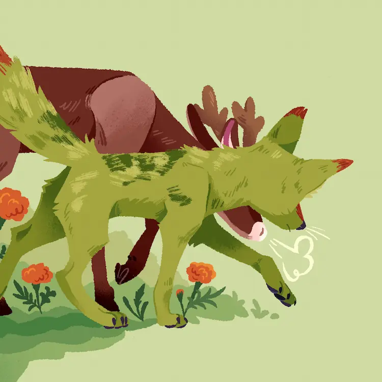 A painting of a coyote and reindeer walking beside each other, flowers seeming seeming to grow in their path.