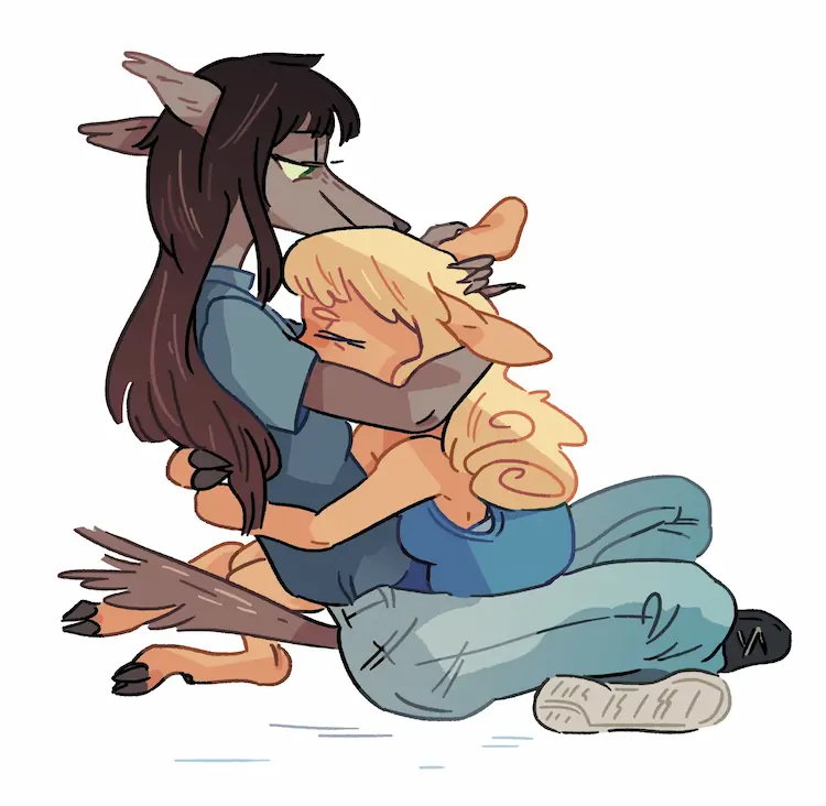 A painting of Basha leaning into Jessie's chest and crossed legs. They're hugging.