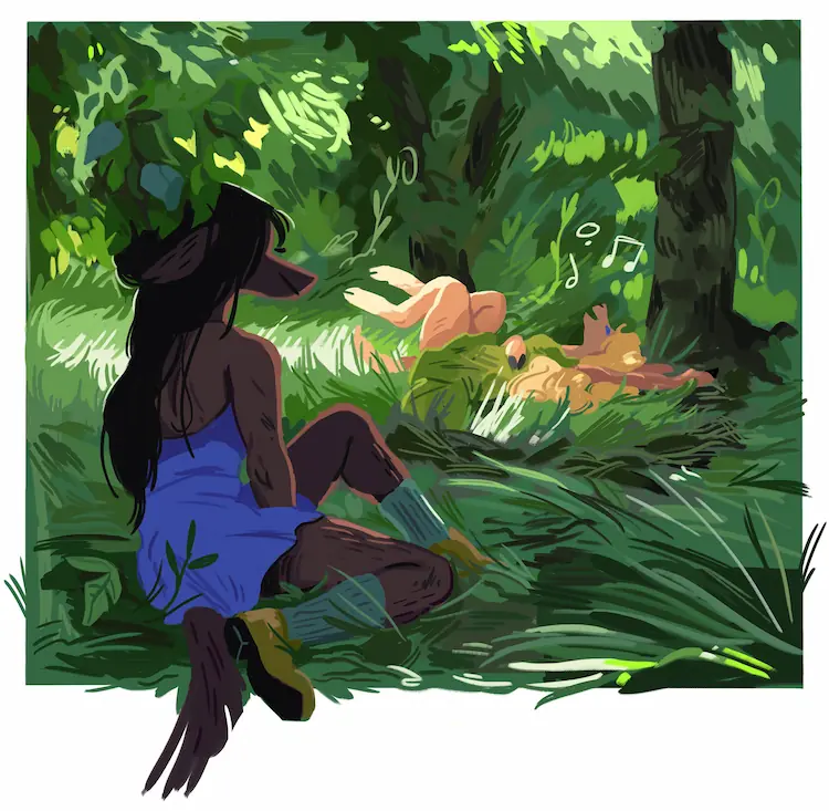 A painting of Jessie and Basha relaxing in a forest field with spots of sunlight scattered around. Jessie is shaded in the foreground, smiling at Basha singing on her back in the mid-ground.