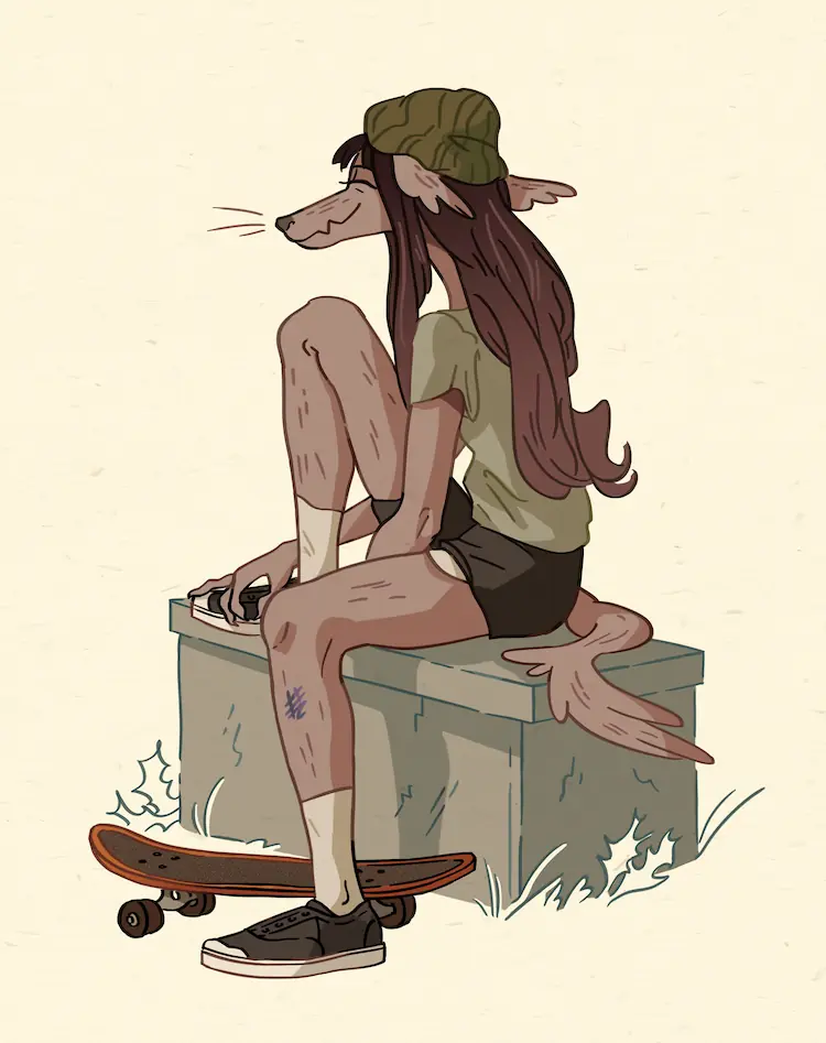 A painting of a very pleased Jessie, sitting on a block of cracked concrete, one leg up. Her skateboard is on the ground beside her, and her leg is bruised.