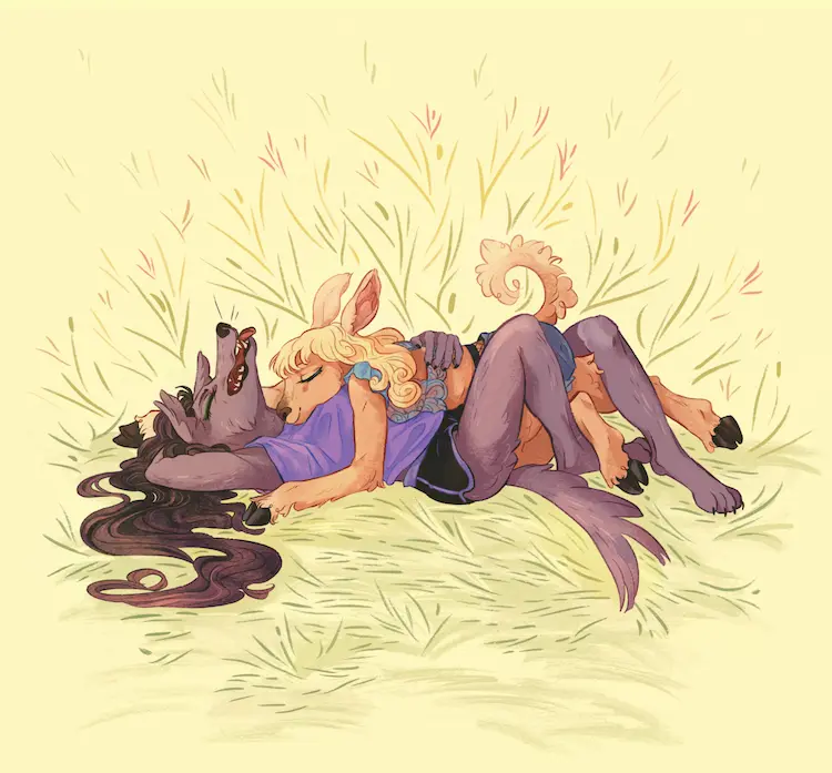 A painting of Jessie and Basha lying on the ground, with Basha on top. Basha rests her head on Jessie's chest, and Jessie rests a hand on Basha's back.