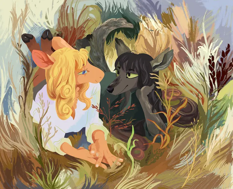 A painting of Jessie and Basha lying on their stomachs, in a diverse field of wild grasses. Basha rests on her elbows, and Jessie is resting her head in a hand. They give each other loving looks.