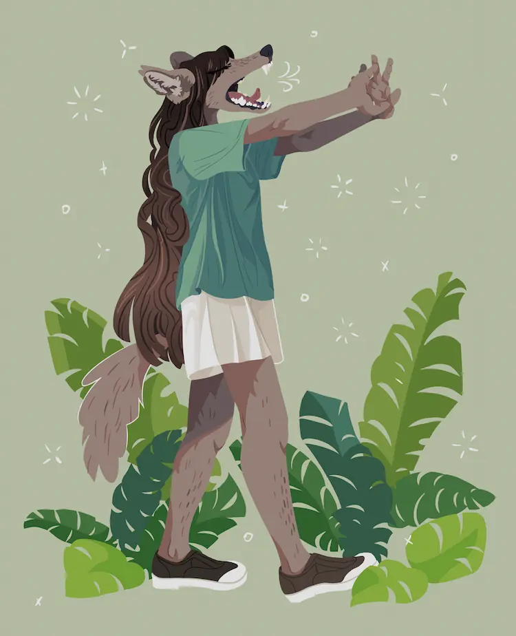 A painting of Jessie walking and stretching her arms out in front of her, in the middle of a big yawn. Large leaves sprout up around her feet.