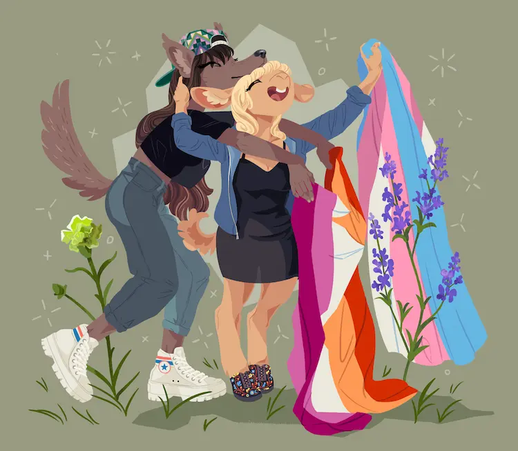 A painting of Jessie and Basha both holding large pride flags. Jessie holds a lesbian flag, and Basha holds a trans flag. Lavender and a green carnation grow to their sides.