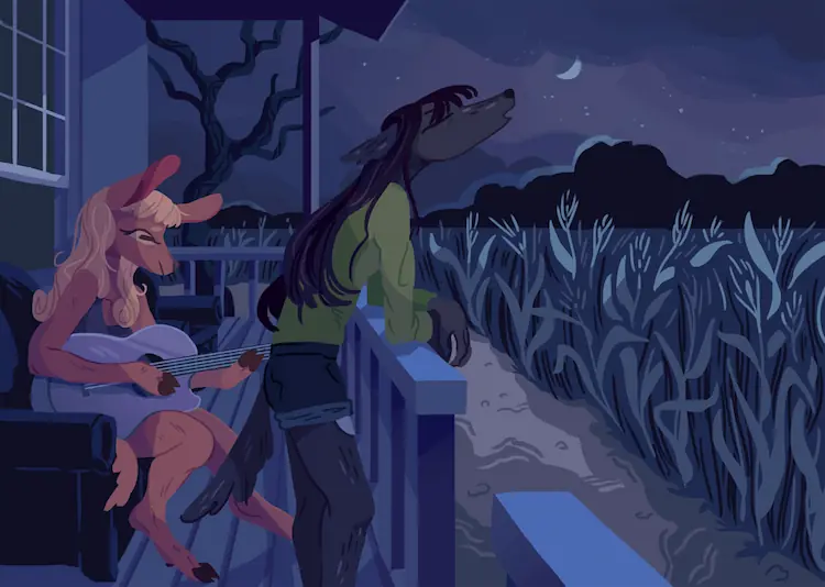 A painting of Jessie and Basha on a porch at night, overlooking a cornfield.