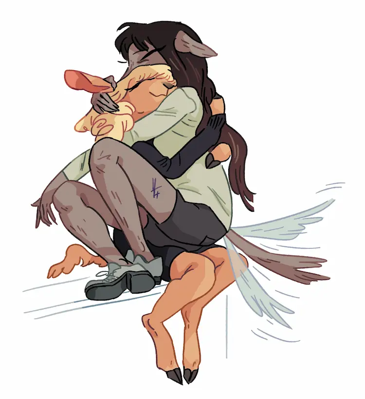 A painting of a noticeably larger Jessie sitting on Basha's lap, wagging her tail.