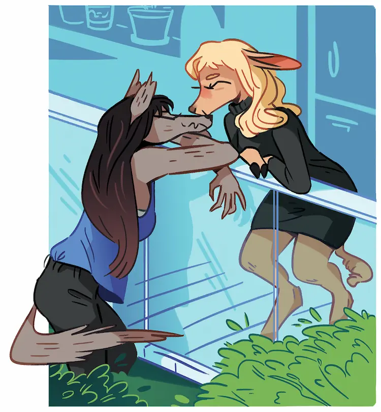 A painting of Jessie sneaking a kiss in at Basha's workplace. She stands down in the bushes on the other side of a railing, Basha leaning down and over.