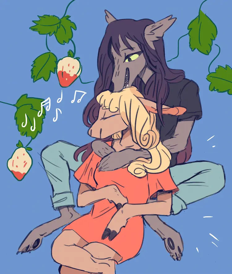 A painting of Basha leaning back on Jessie. Jessie has her hands resting on Basha's collarbones, and is singing to her. Unripe strawberries and their vines surround them.