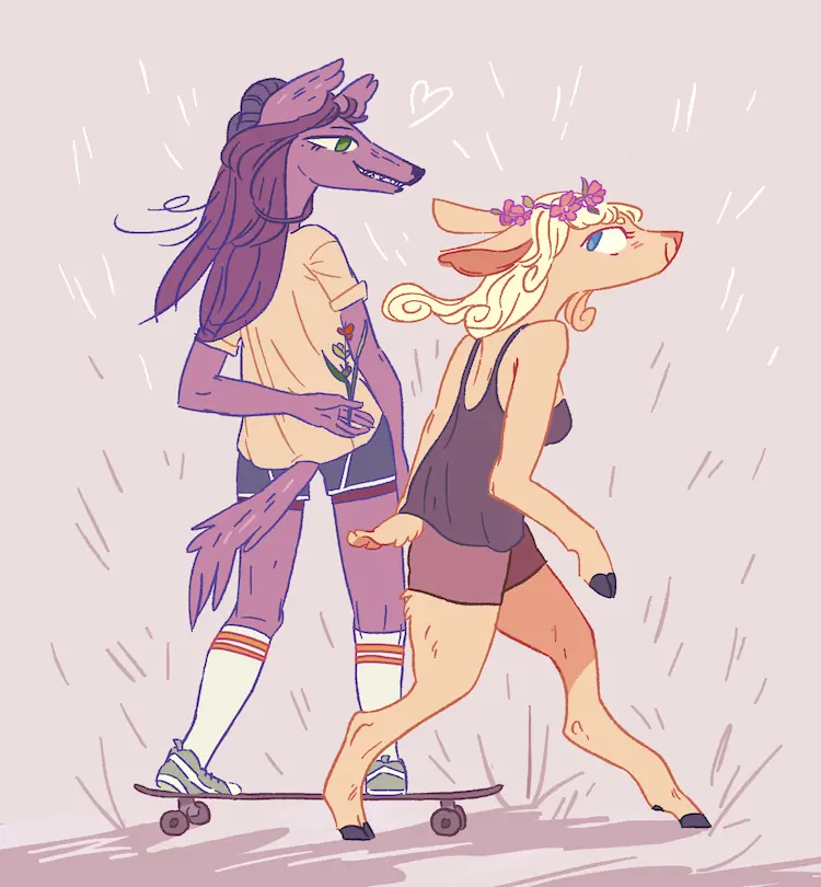 A painting of Basha walking, with Jessie skateboarding alongside her. Basha has flowers in her hair, and Jessie holds a small wildflower behind her back.