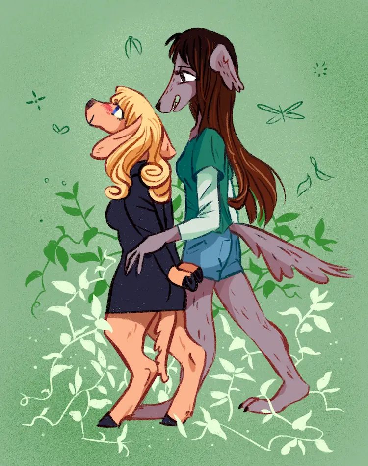 A painting of Jessie and Basha walking together, with Jessie holding a hand around her girlfriend's waist.