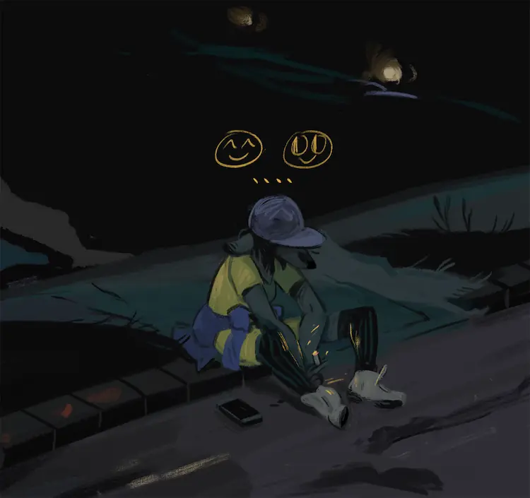 A painting of the anthro doe sitting on a curb at night, holding a cigarette, face obscured by her hat's rim. Her phone lays on the street. There are symbols above her head: a happy face with close eyes on the left, and a happy face looking intently at the first face on the right. Four dots are below both faces.