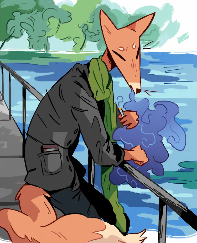 A painting of an anthro smoking fox, hunched over a railing overlooking water. He is smoking, with a pack of cigarettes in his jacket pocket and a long green scarf.