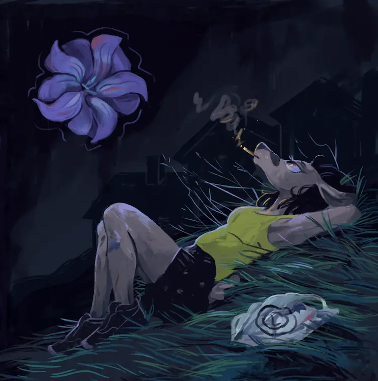 A painting of the anthro doe lying back on a hill, smoking. There are suburban houses silhouetted in the background. It's night, and a huge purple flower blooms in place of the moon. A crumpled plastic bag is beside her on the ground.