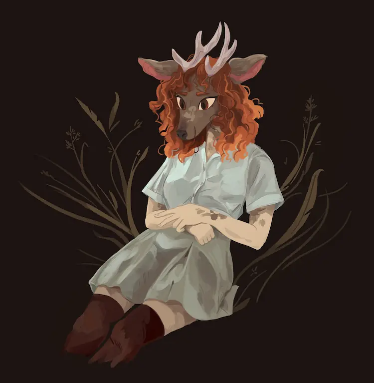 A painting of a anthro deer with antlers. Her face is dark grey-brown, and down her neck to her body splotches of light tan slowly take over. Her hair is orange, mid-length with loose curls.