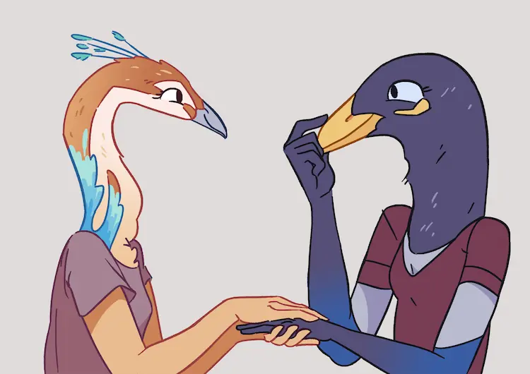 A painting of Peahen and an anthro magpie version of Sheyenne holding hands, in the style of Tuca & Bertie.