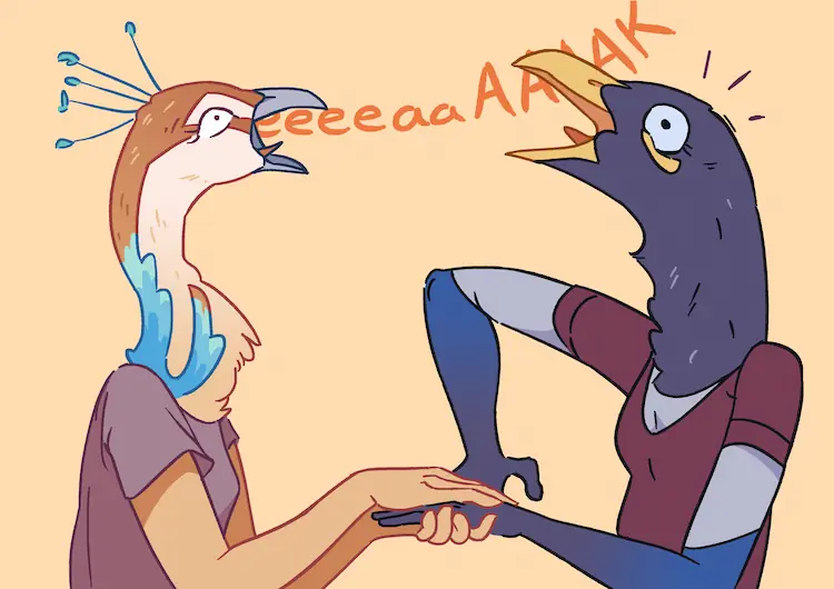 A painting of Peahen and an anthro magpie version of Sheyenne holding hands, in the style of Tuca & Bertie. They now both have their heads back, beaks wide open, with the text 'eeeeaaAAAAK'.