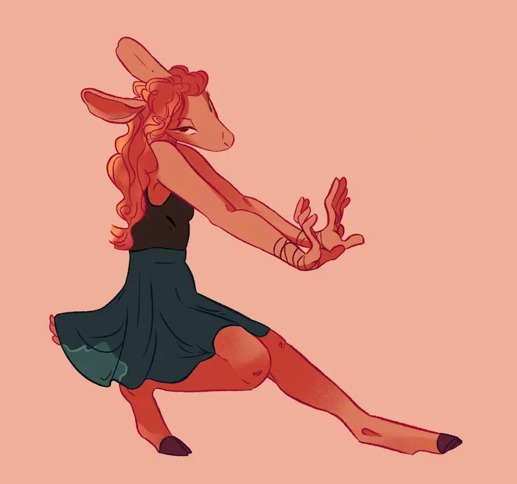 A painting of a firey red-orange anthro deer, with long wavy hair. She's posed mid-dance, crouched back on one leg with the other extended (along with both arms).