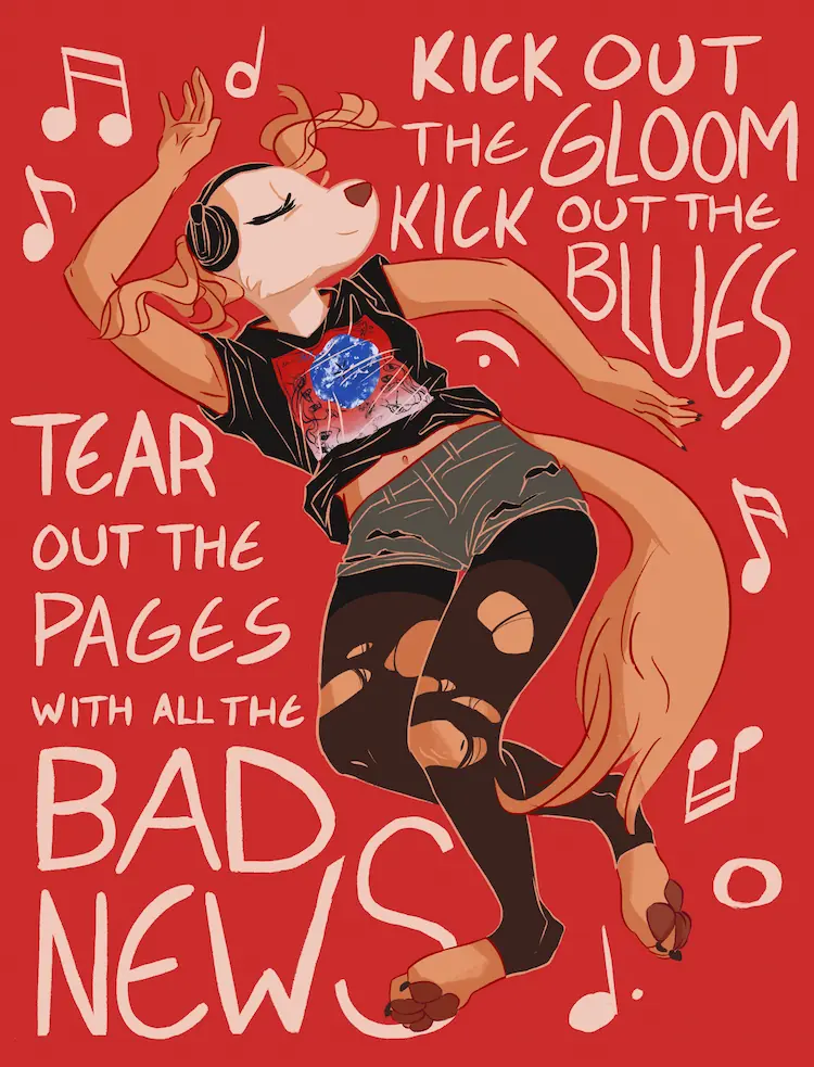 A painting of an anthro borzoi in a dancing pose, enjoying music from her headphones. She's wearing ripped tights, shorts, and a shirt with the album art from The Cure's album 'Wish'. She's surround by lyrics from their song 'Doing The Unstuck': 'kick out the gloom, kick out the blues, tear out the pages with all the bad news'.