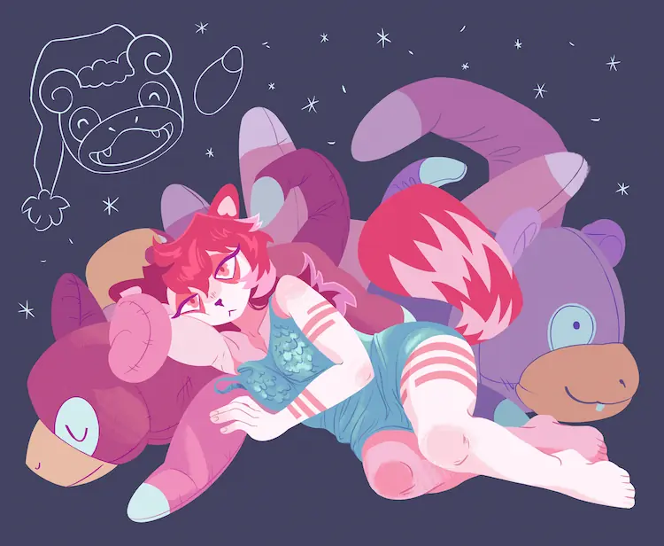 A painting of an anthro pink raccoon, reclining onto a pile of large Yadon plushies.