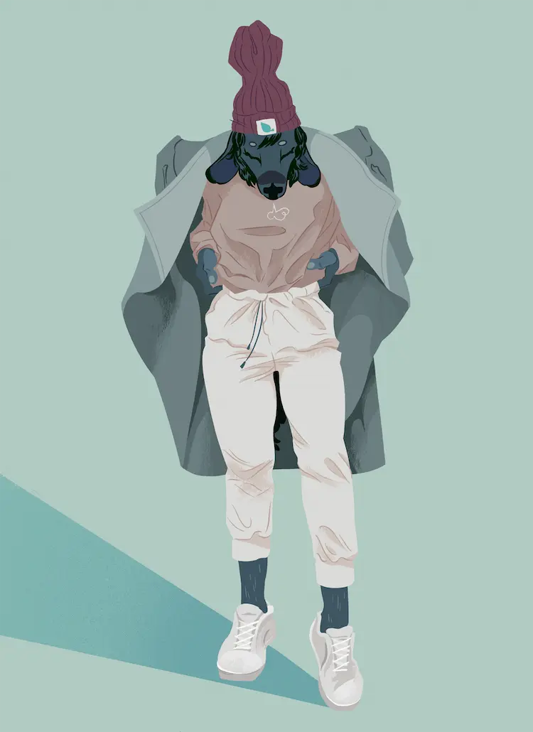 A painting of the anthro doe, showing off her outfit. She's wearing a tall, pulled-up maroon beanie. She wears a neutral mid-tone sweater tucked into white chinos. A grey coat hangs off her shoulders.