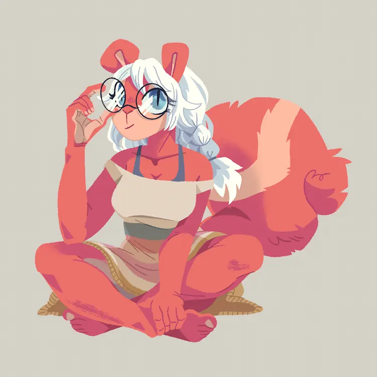 A painting of an anthro pink squirrel with white braided hair. She has large round glasses, and sits cross-legged on the floor.