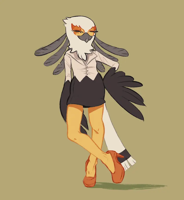 A painting of an anthro secretary bird in office wear, a wing on her hip. She exudes confidence.