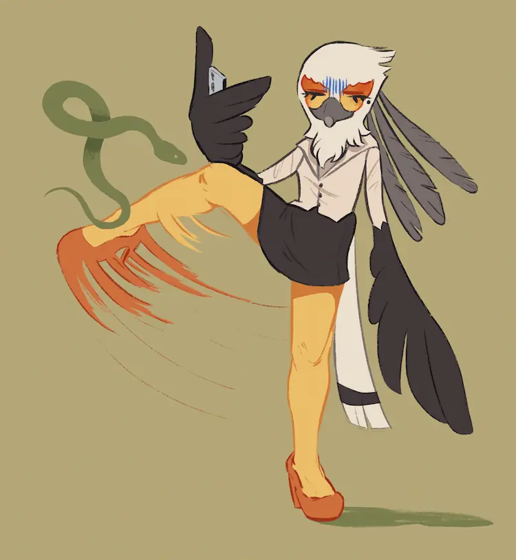 A painting of an anthro secretary bird high-kicking a snake away. She looks irritated, holding a phone up to her face.