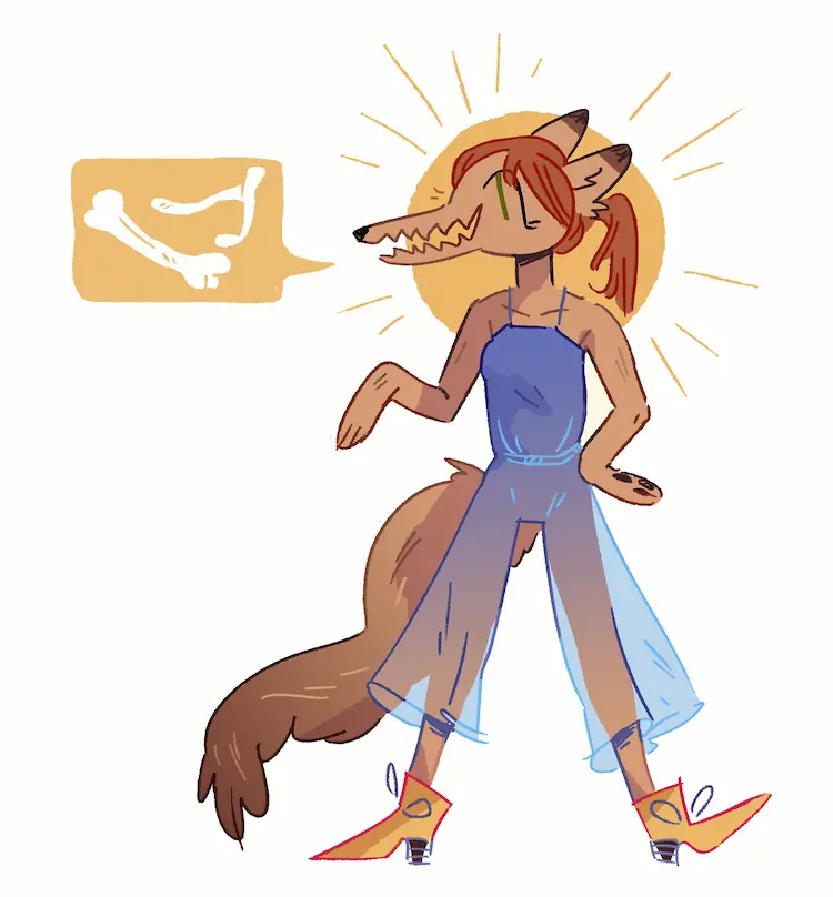 A painting of a sunny anthro canine with red hair, wearing a purple jumpsuit. She has a speech bubble with the image of bones.