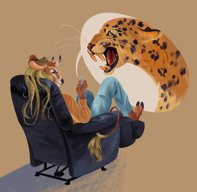 A painting of a blonde, anthro cow sitting in a leather recliner. She's looking at her phone, and a large speech bubble with the illustration of a snarling leopard is coming from the phone.