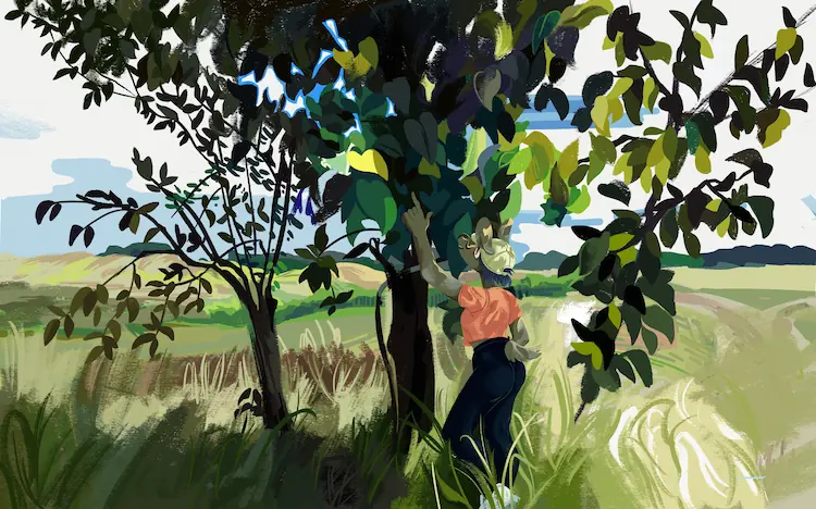 A painting of the anthro doe in a relatively empty field, under what seems to be the only tree. She's wearing a baseball cap and orange cropped top, pointing up at something in the tree.