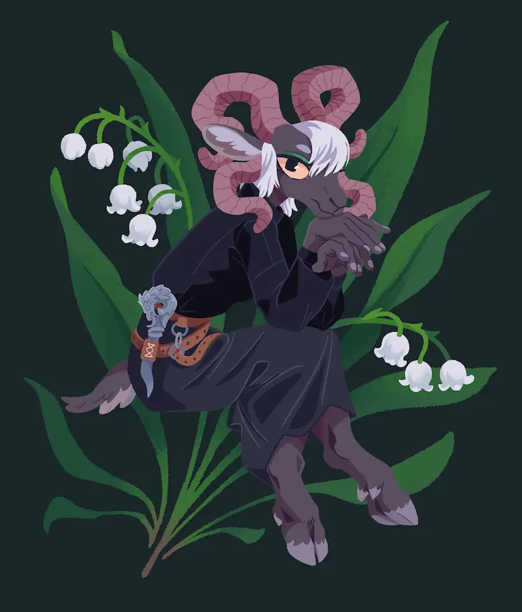 A painting of a dark grey anthro jacob sheep. She has two sets of horns. She has a dagger with an intricate dragon handle in a leather sheath around her waist. She is superimposed on Lily of the Valley flowers.