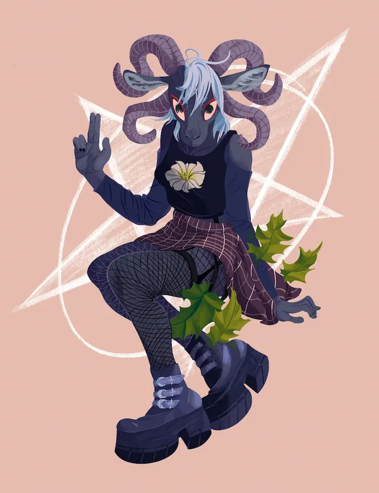 A painting of an anthro jacob sheep, super imposed on a skewed pentagram. She's throwing up an 'As Above, So Below' hand signal. She has the image of a Datura flower on her shirt, and Datura leaves around her skirt.