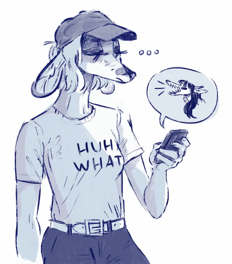 A painting of the anthro doe looking at her phone with a bored expression. An illustrated speech bubbles comes from the phone- it's a headshot of Jessie angrily barking.