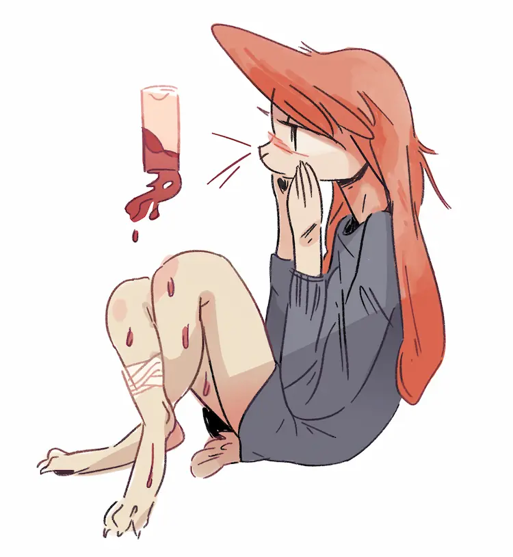 A painting of a flushed anthro pink rabbit, holding her face with her ankles crossed on the floor. There's a bandage around her right leg. A glass is floating upside-down in front of her, emptying dark pink liquid.