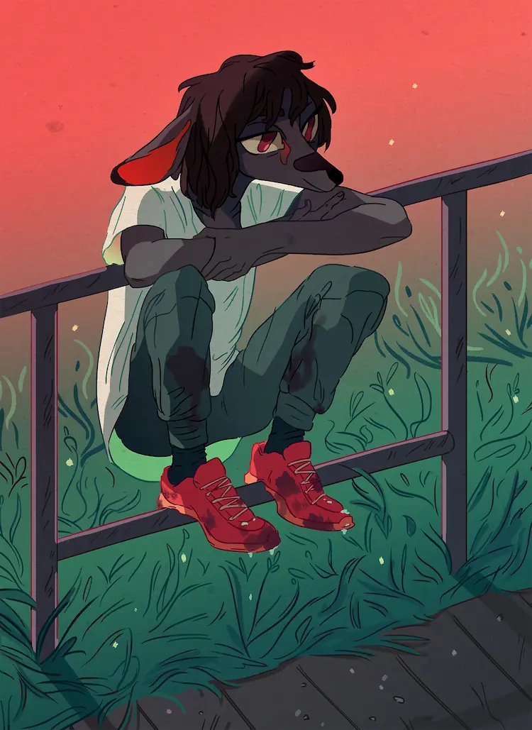 A painting of the anthro doe perched on the mid-bar of a metal railing. Green, dew-covered grass fades up into a strawberry-red sunrise behind her. Water drips from her red sneakers.