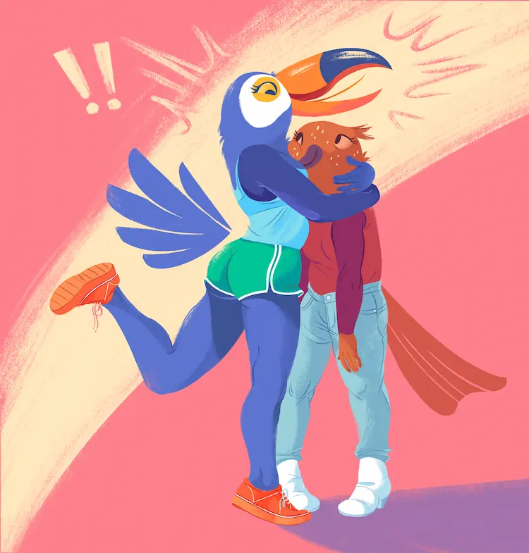 A painting of an extroverted anthro toucan hugging a shorter, more introverted anthro song thrush to her chest, two exclamation to the side indicating excitement.