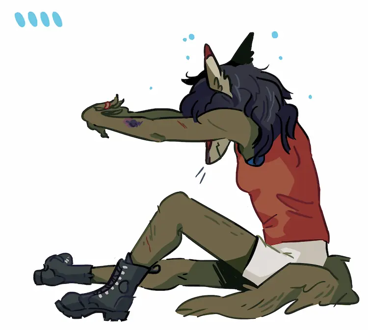 A painting of Sheyote sitting on the ground, stretching her arms out. She has some cuts and bruises, and little blue bubbles surround her head. Four blue tablets appear in the top left corner.