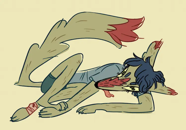 A painting of a silly looking Sheyote, all twisted up on the ground and sticking out her tongue.