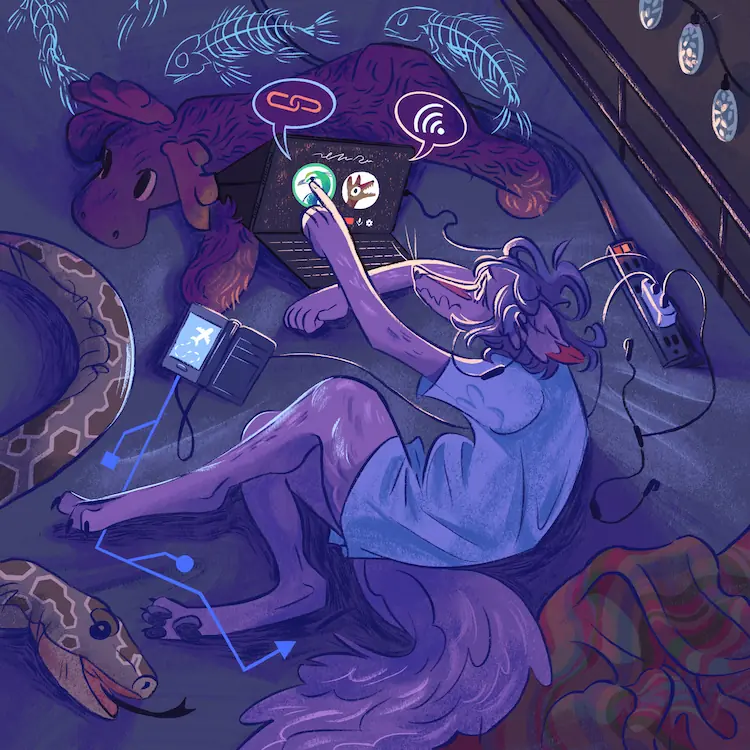 A painting of Sheyote in bed, surrounded by various clutter. She's on a call with Peahen.