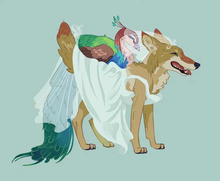 A painting of Peahen settled on the back of Sheyote (both feral), with the coyote wearing an ill-fitting wedding dress and wedding veil.