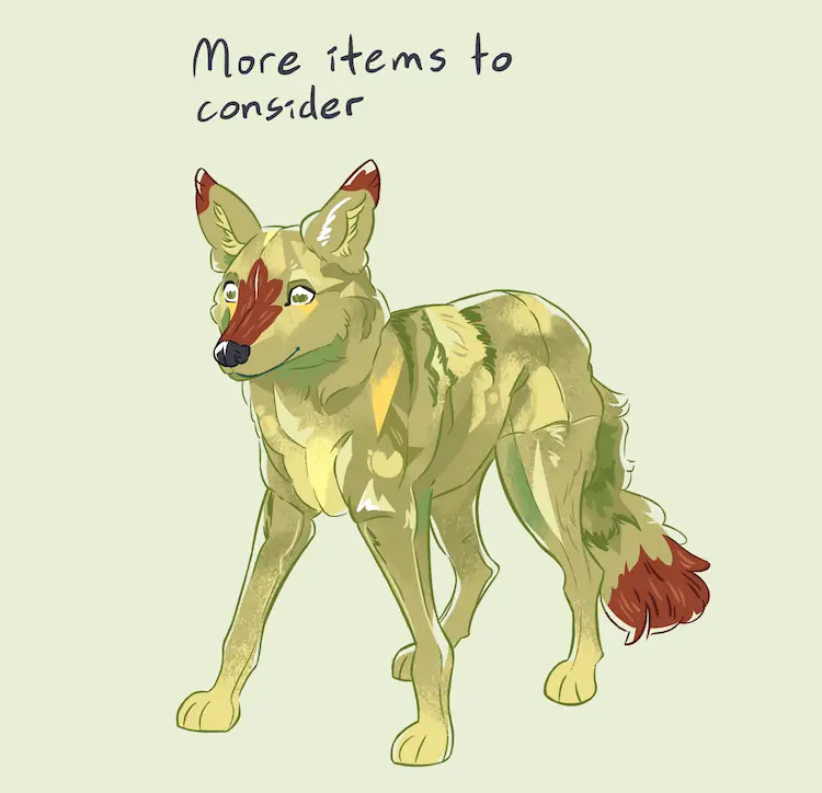 A painting depicting a coyote decoy with the colouration of Sheyote, with text above stating 'More items to consider'.