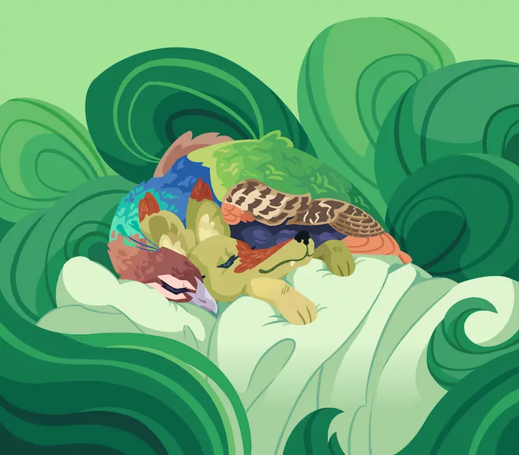 A painting of feral Sheyote sleeping, tucked tightly into bed, with Peahen wrapped around her head and her tail feathers wrapping around the entire bed and composition.