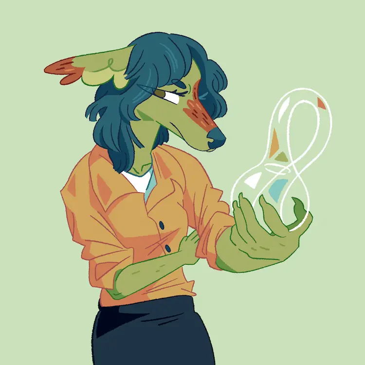 A painting of Sheyote offering a klein bottle to the viewer, an annoyed expression on her face.