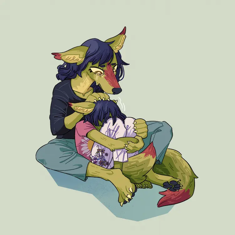 A painting of adult Sheyote comforting a younger, distressed version of herself.