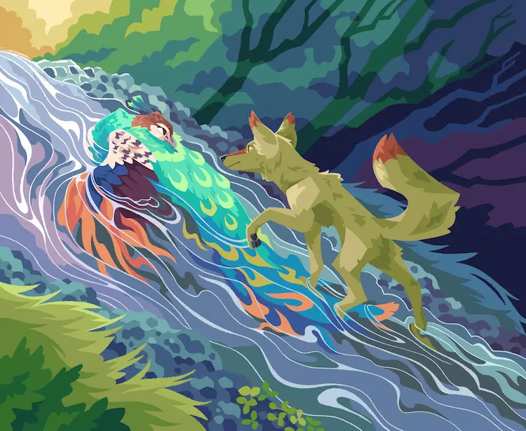 A painting of Peahen and Sheyote in a gentle stream, colours melting downstream.