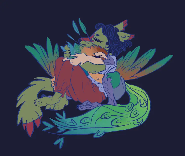 A painting of Sheyote and Peahen tightly hugging.