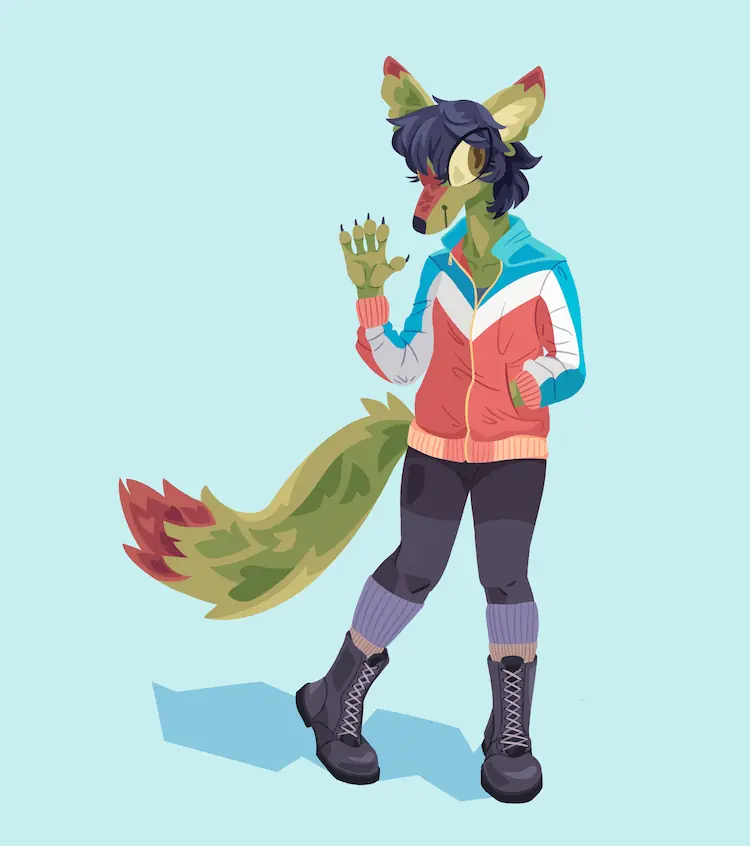 A painting of Sheyote smiling and waving. She's wearing a blue, white, and pink windbreaker, tights, socks and boots.