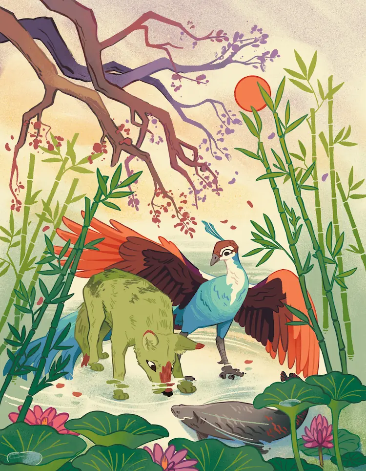 A painting of feral Sheyote and Peahen, surrounded by colourful branches, bamboo, and lily pads. Peahen covers Sheyote with a wing. Sheyote's snout is in the water as she closely inspects an arapaima fish.