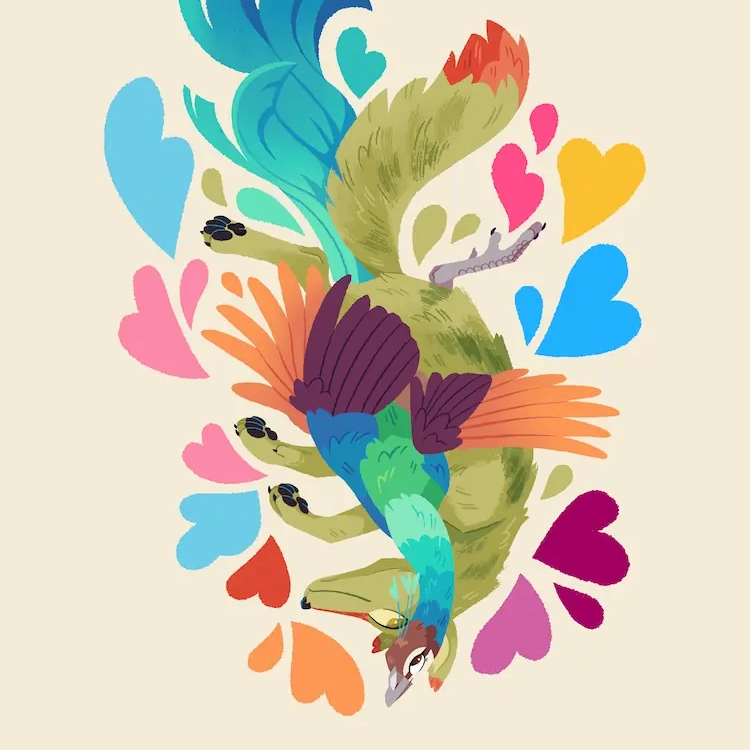 A painting of a coyote and a Peahen falling together. They are giving each other loving looks, surrounded by hearts of various pride flag colours.