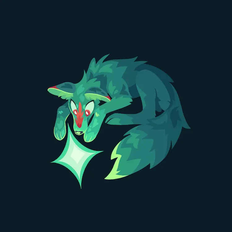 A painting of a very green, feral Sheyote, floating in a void and happily curly around a large star or sparkle.